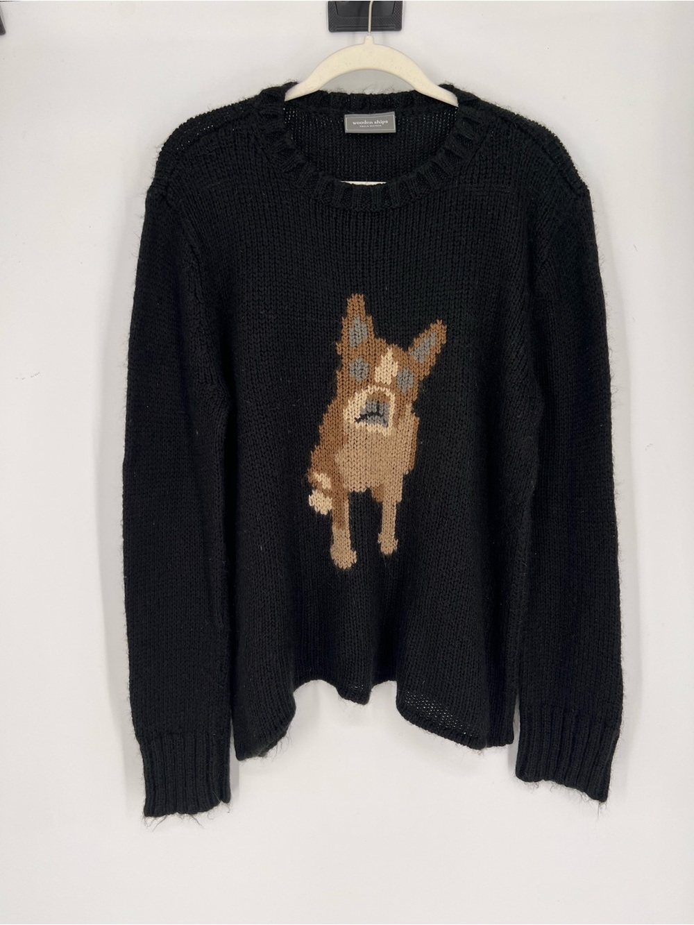 Wooden Ships Black Crewneck Sweater with Brown Dog Pug Frenchie Intarsia M/L